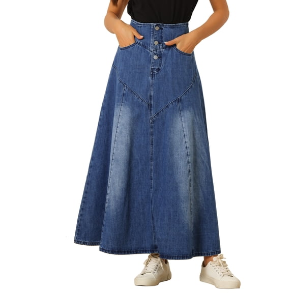 INSPIRE CHIC Casual Denim Skirt for Women's High Waisted A-Line Flared Maxi Skirts XS Blue