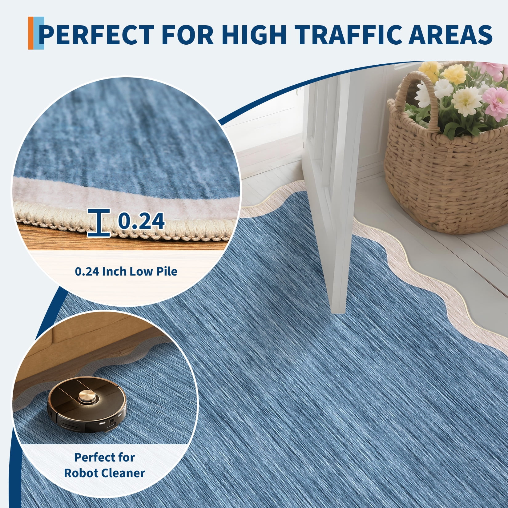 Garvee 10'x13' Modern Scalloped Rug Washable Rug with Non Slip Backing, Neutral Farmhouse Soft Low Pile Carpet for Living Room Bedroom Home Office, Blue