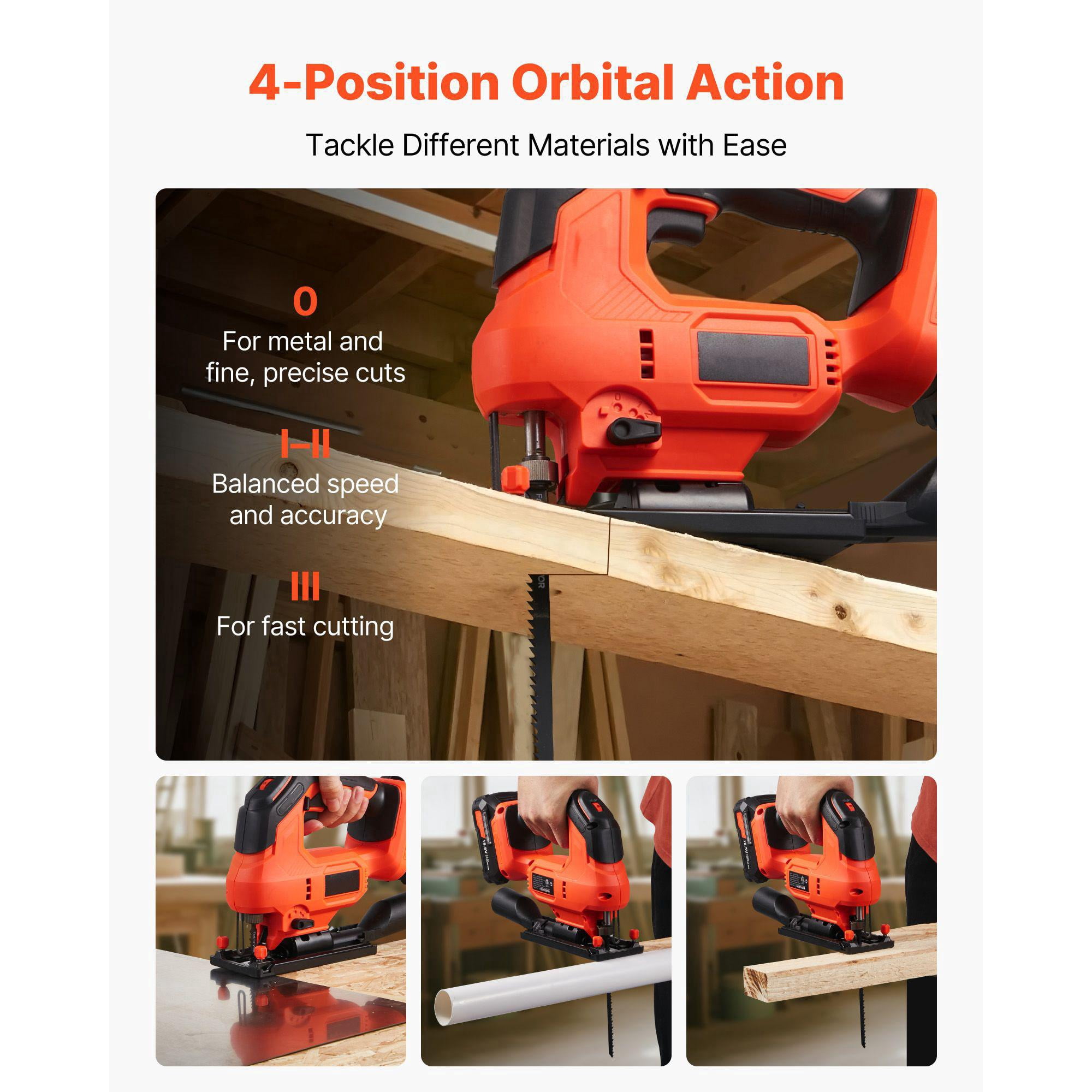 20V Cordless Jig Saw 3000 SPM with Battery Charger LED Light 6 Variable Speed 0-45 Degree Bevel Cuts 6 Blades 4 Orbital Settings for Wood Metal Cutting