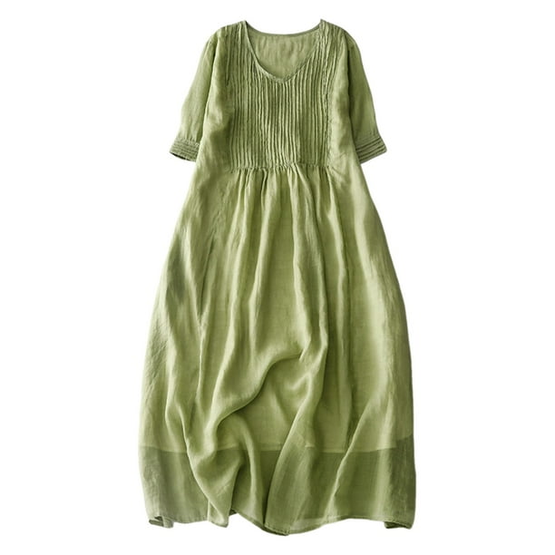 Vestido plisado con cuello en V para mujer: color liso, manga corta, informal, tallas M-XXL, para el día a día o para fiestas.