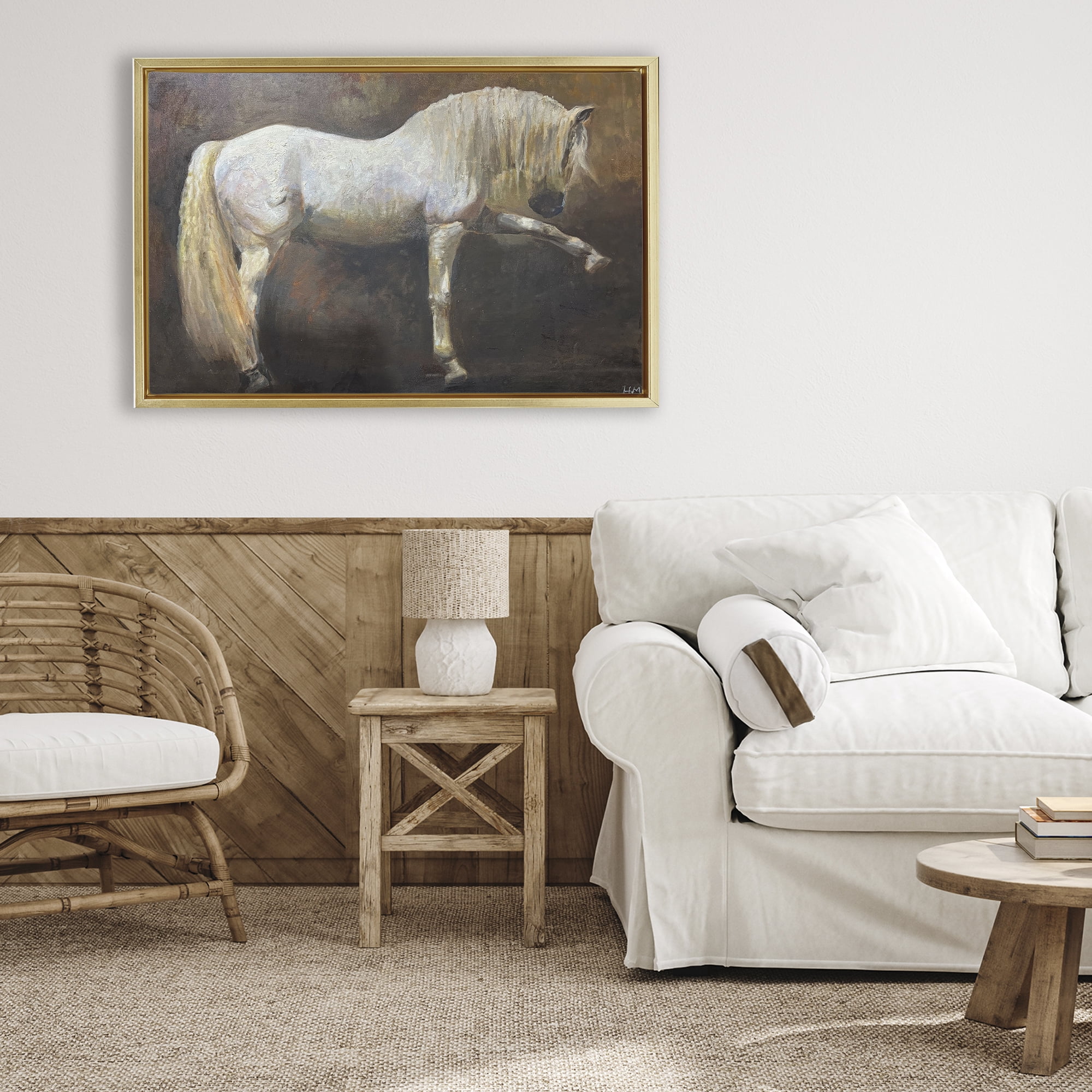 Stupell Industries Elegant White Stallion in Motion Gold Framed Floater Canvas Wall Art, design by Hilary McCarthy