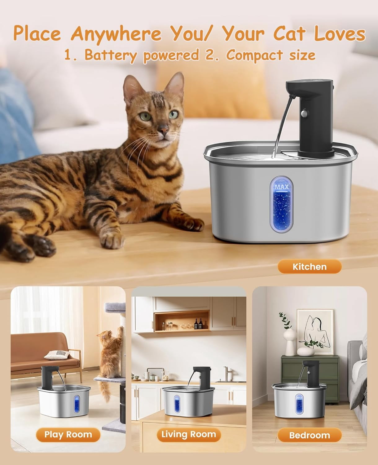 Wireless Cat Water Fountain Stainless Steel 304 + 4 Filters 108oz 3.2L 5000mah Rechargeable Battery Operated Cat Water Fountain Cordless, Automatic Pet Dispenser with Motion Sensor for Cats Dogs