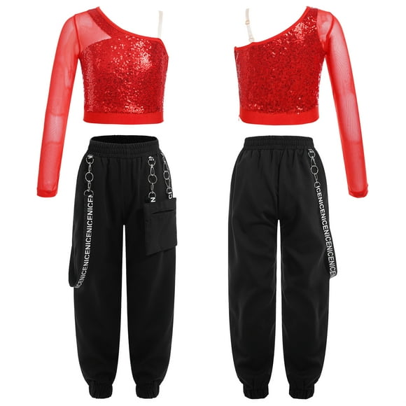 Runhomal Girls Sparkle Hip Hop Jazz Dance Outfit Long Sleeve Mock Neck Sports Crop Top with Cargo Jogger Pants Set Dancewear Red B 12