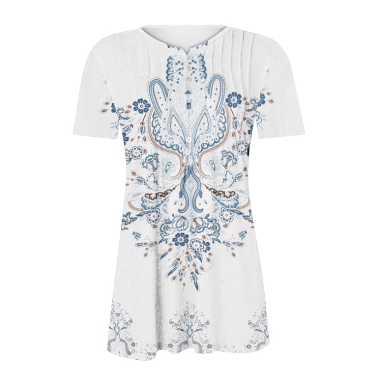 Women's Floral Print Lace Short Sleeve Top - V Neck Henley Tunic Blouse (Plus Size, Loose Fit)
