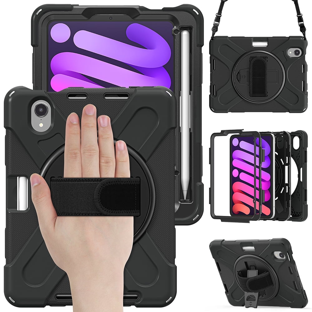For Apple iPad Mini 6 (2021) Heavy Duty Rugged Hybrid with Kickstand, Shoulder Hand Strap, Pencil Holder Shockproof Full Protective Cover ,Xpm Phone Case [Black]