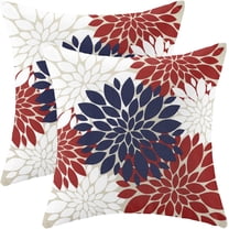 4th of July Pillow Covers 18x18 Set of 2, Red Navy Blue Dahlia Floral Decorative Throw Pillows Linen Geometric Flower Modern Style Cushion Pillow Covers for Sofa Couch Outdoor Decor