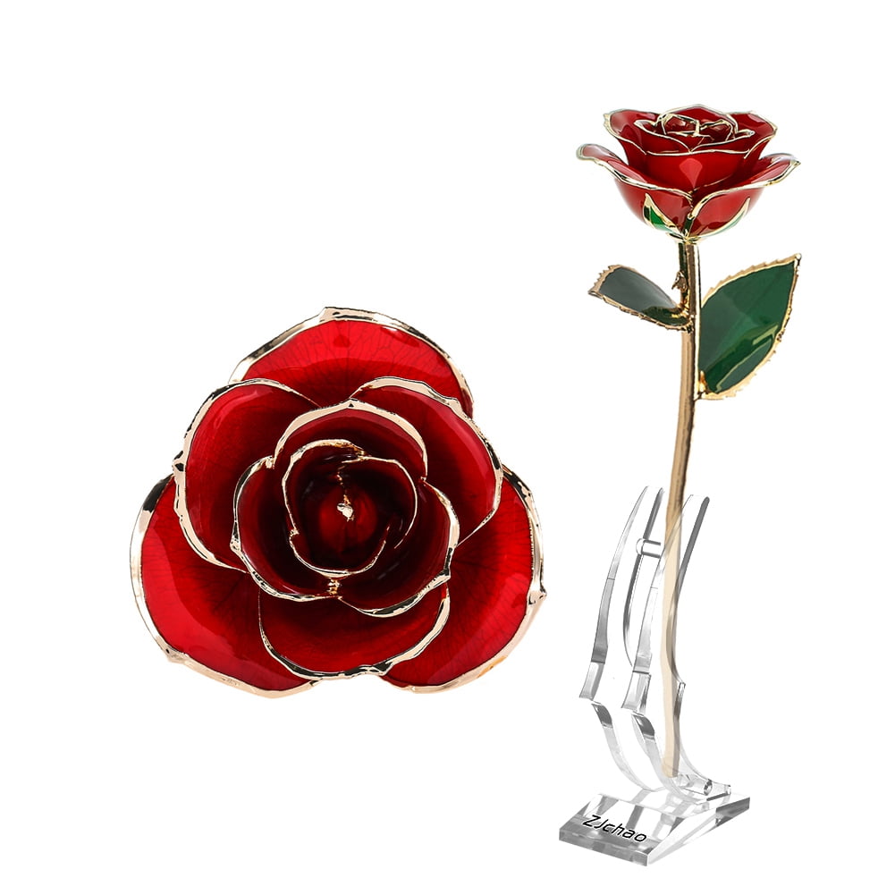 Long Stem Dipped 24k Gold Rose in Gift Box with Clear Display Stand Pink 
