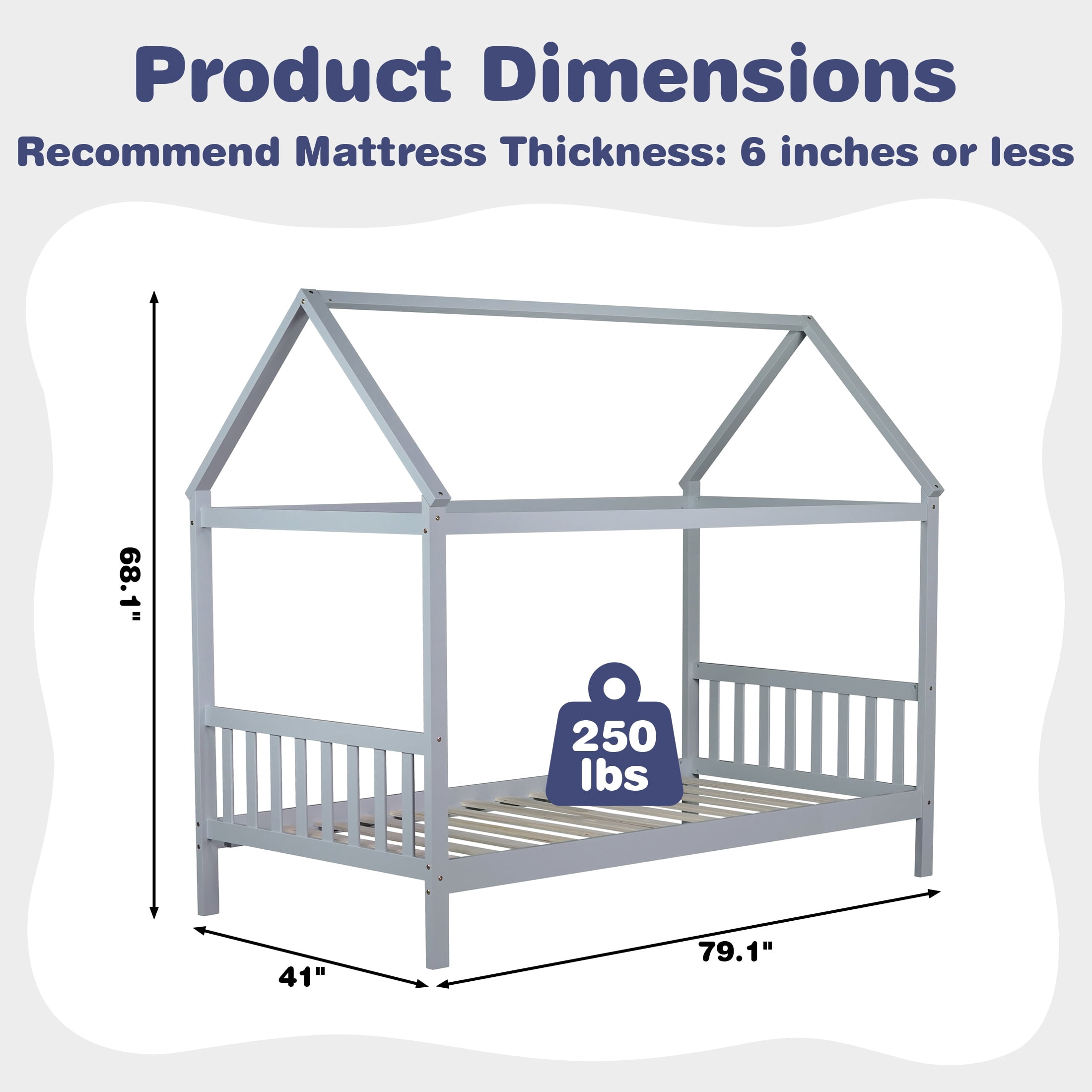 SESSLIFE House Bed with Fence, Wood House Bed, Floor Bed Frame, Twin Canopy Bed for Bedroom, No Box Spring Needed (Gray)