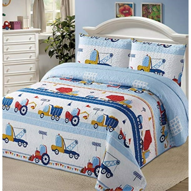 Luxury Home Collection 3 Piece Full Queen Size Quilt Coverlet Bedspread Bedding Set For Kids Boys Construction Trucks Tractors Cars Blue Red White Yellow Walmart Com Walmart Com