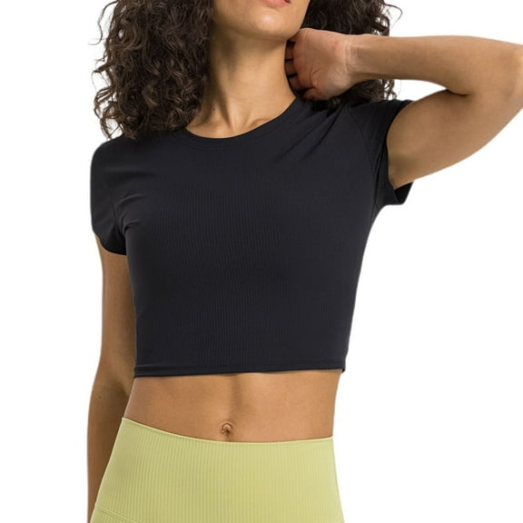 SWSMCLT Women's Short Sleeve T Shirt Crop Top Running Crew Neck Workout Shirt Fitted Summer Basic Cool Fall Black 6