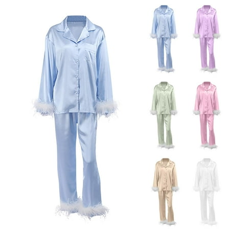 

French Casual Feather Nightwear|2022 New Long-sleeved Sleepwear with Feather Trim|Silk Satin Long-sleeved Pajamas Loose Sleeping Loungewear for Women