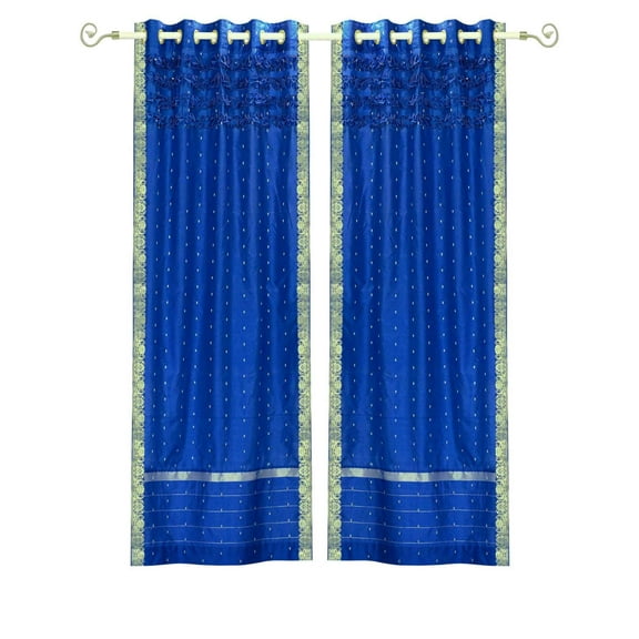Lined-Blue Hand Crafted Grommet Sheer Sari Curtain Drape Panel -43Wx120L-Piece