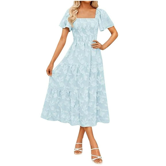 Oplxuo Women‘s Summer Boho Floral Midi Dress 2025 Casual Short Sleeve Square Neck Flowy Beach Vacation Long Dress