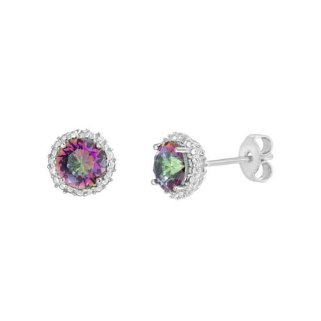 - Lesa Michele Women's Multi Colored Simulated Mystic Topaz Round Halo Stud Earrings in Rhodium Plated Brass