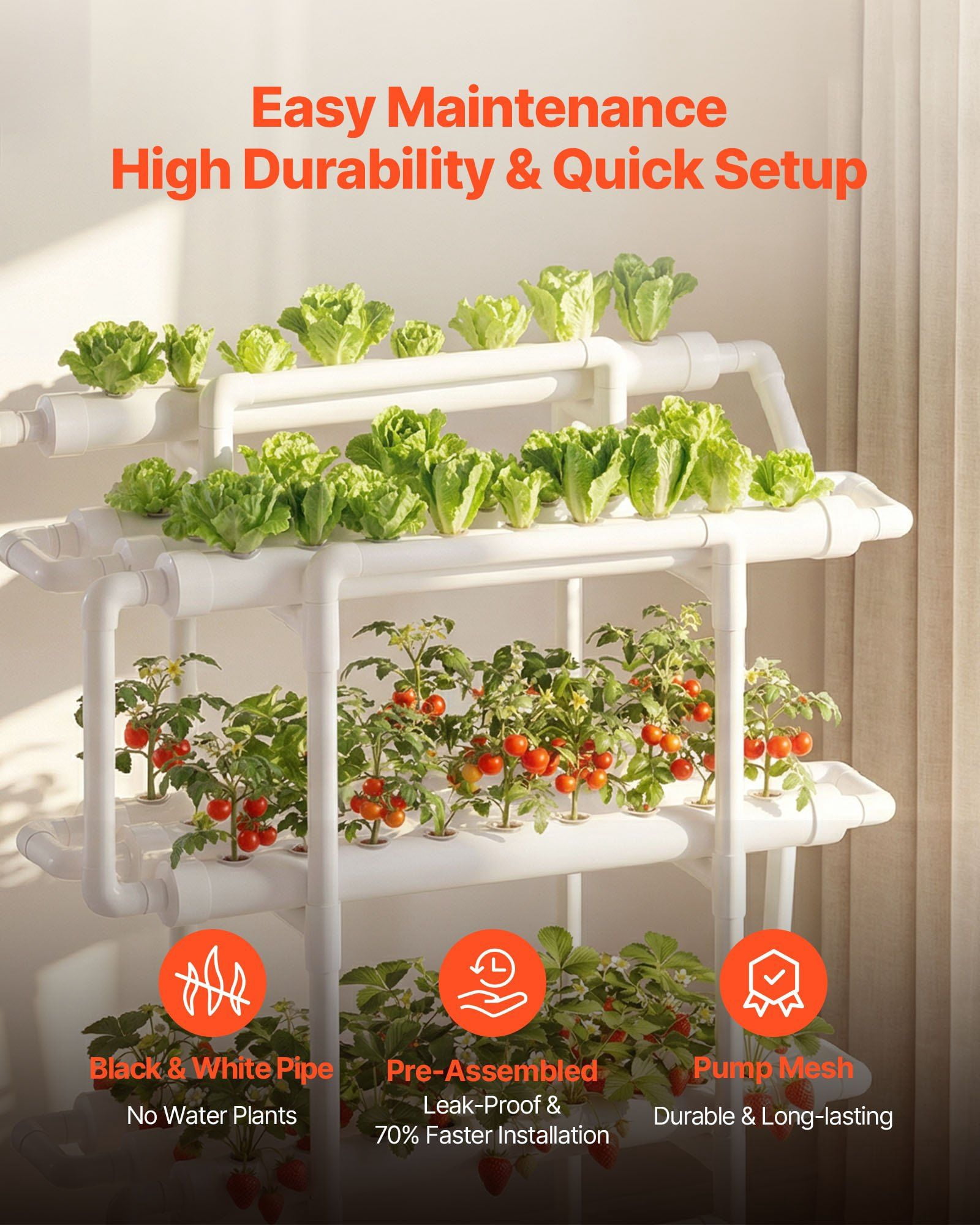 3-Tier 90-Site Hydroponic Kit, UPVC, Timed, Indoor