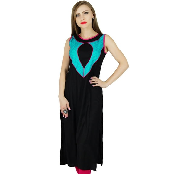 Bimba Women Black Sleeveless Kurti Kurta Summer Tunic Casual Day Wear Blouse