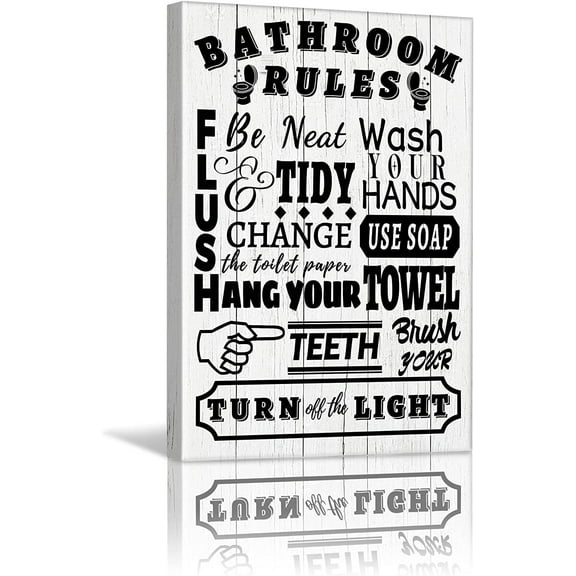 Bathroom Canvas Wall Art | Rustic Bathroom Funny Rules Prints Signs Framed | Wood Background Bathroom Laundry Room Decor 12x16 inch white