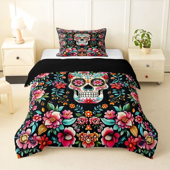 Homewish Gothic Sugar Skull Twin Comforter Sets,Watercolor Flowers Bedding Set,Pink Green,Black Reversible,2-Piece,1 Comforter and 1 Pillowcase