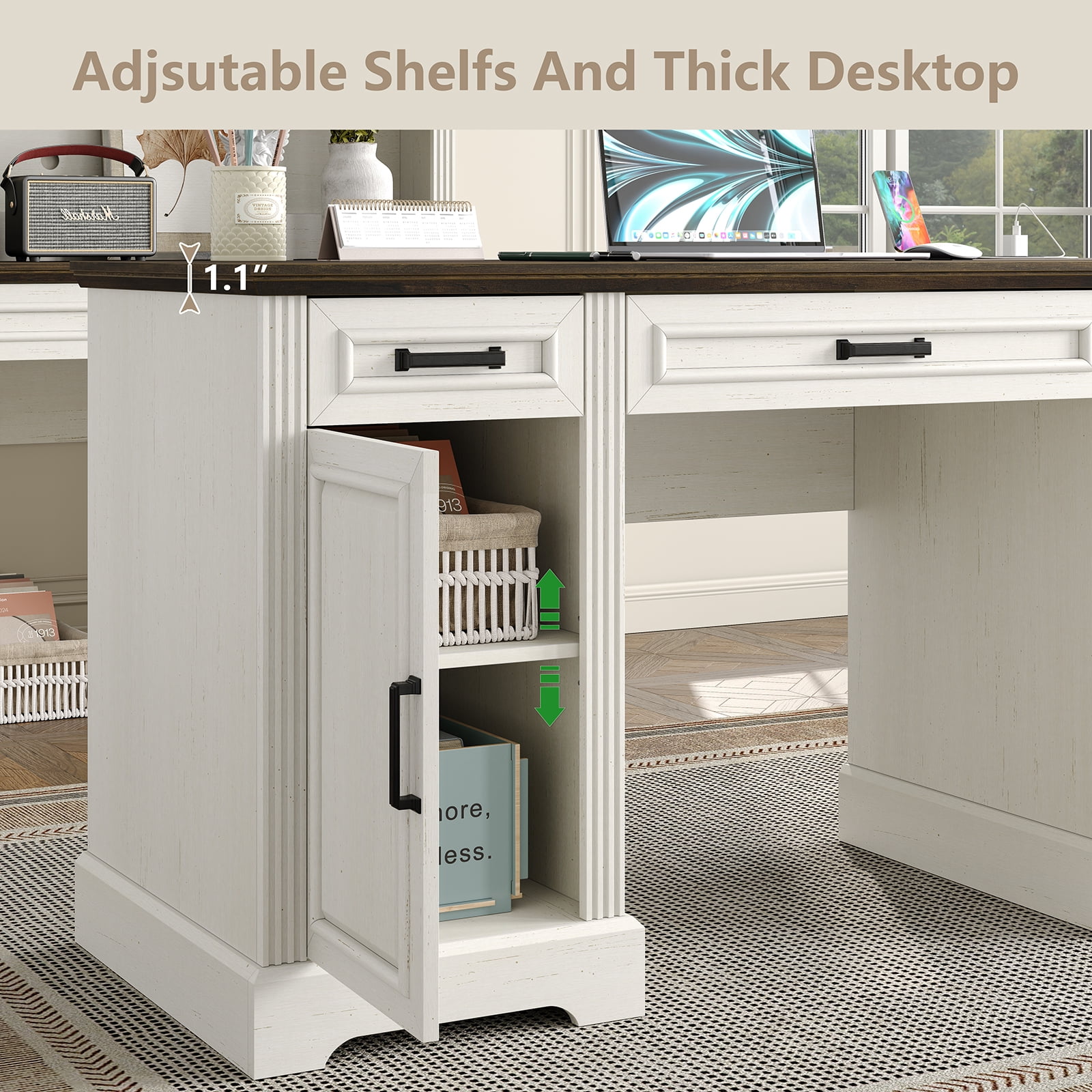 Furnihold 58"W Executive Desk with Outlet and 5 Drawers, Farmhouse Computer Desk, Off White Wooden Home Office Desk, Workspace for Work Study Writing, Brown Tabletop