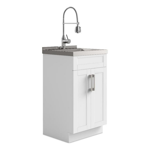 Pemberly Row Armoire à Lessive en Métal de 20 Pouces de Large avec Robinet et Évier en Acier Inoxydable - Blanc