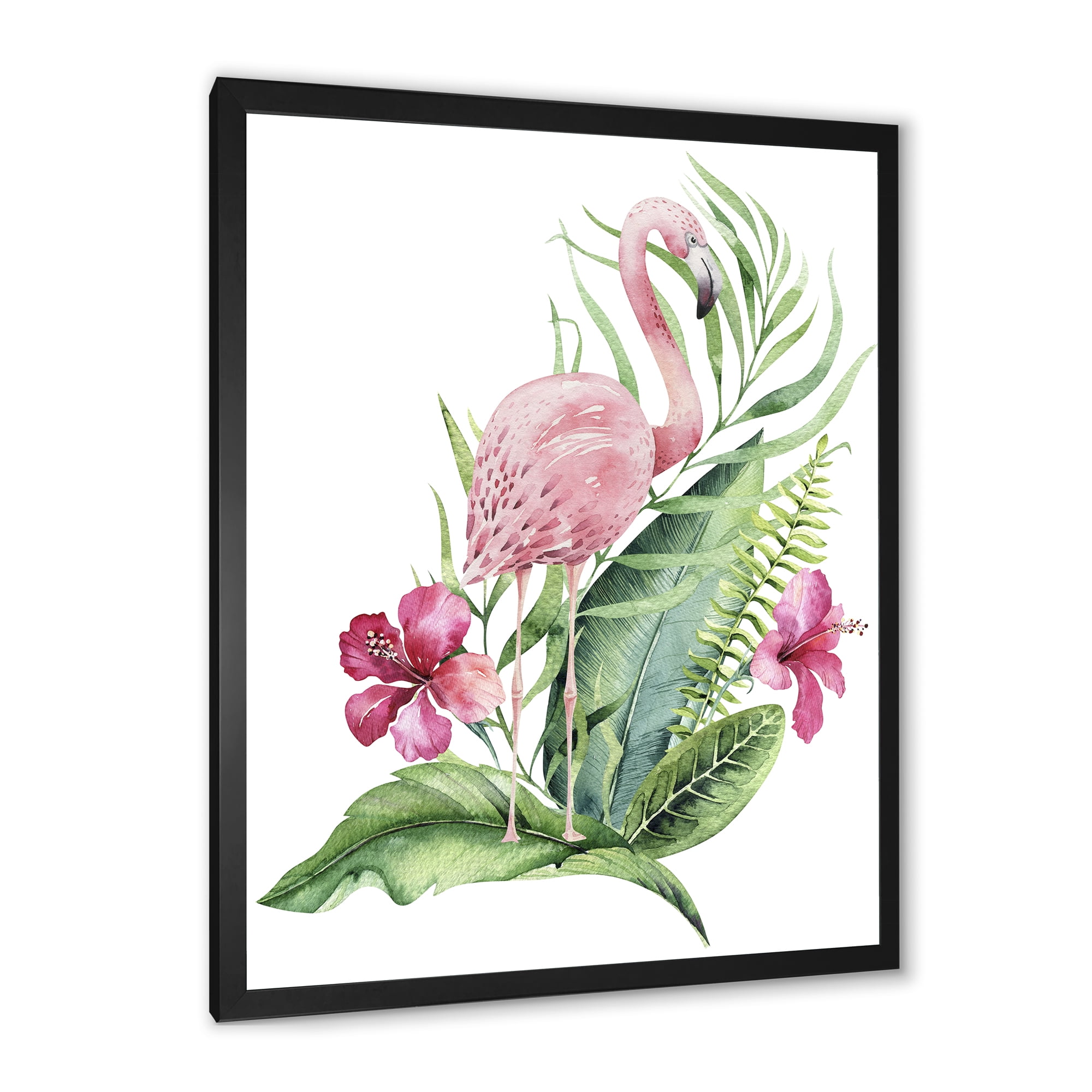 Designart 'Flamingo With Pink Flowers and Exotic Foliage' Traditional Framed Art Print