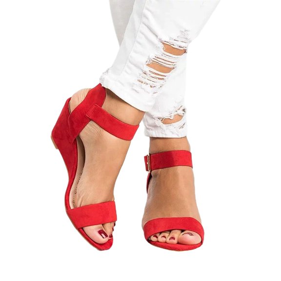 jjayotai Clearance Sandals for Women Women's Solid Color Round Toe Wedge Heel Buckle Suede Low Top Sandals Shoes Rollbacks Red