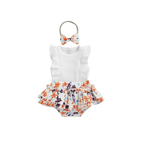 

Binpure Baby Girl Rompers Set Toddler Ruffled Sleeveless Jumpsuit and Floral Shorts Headband