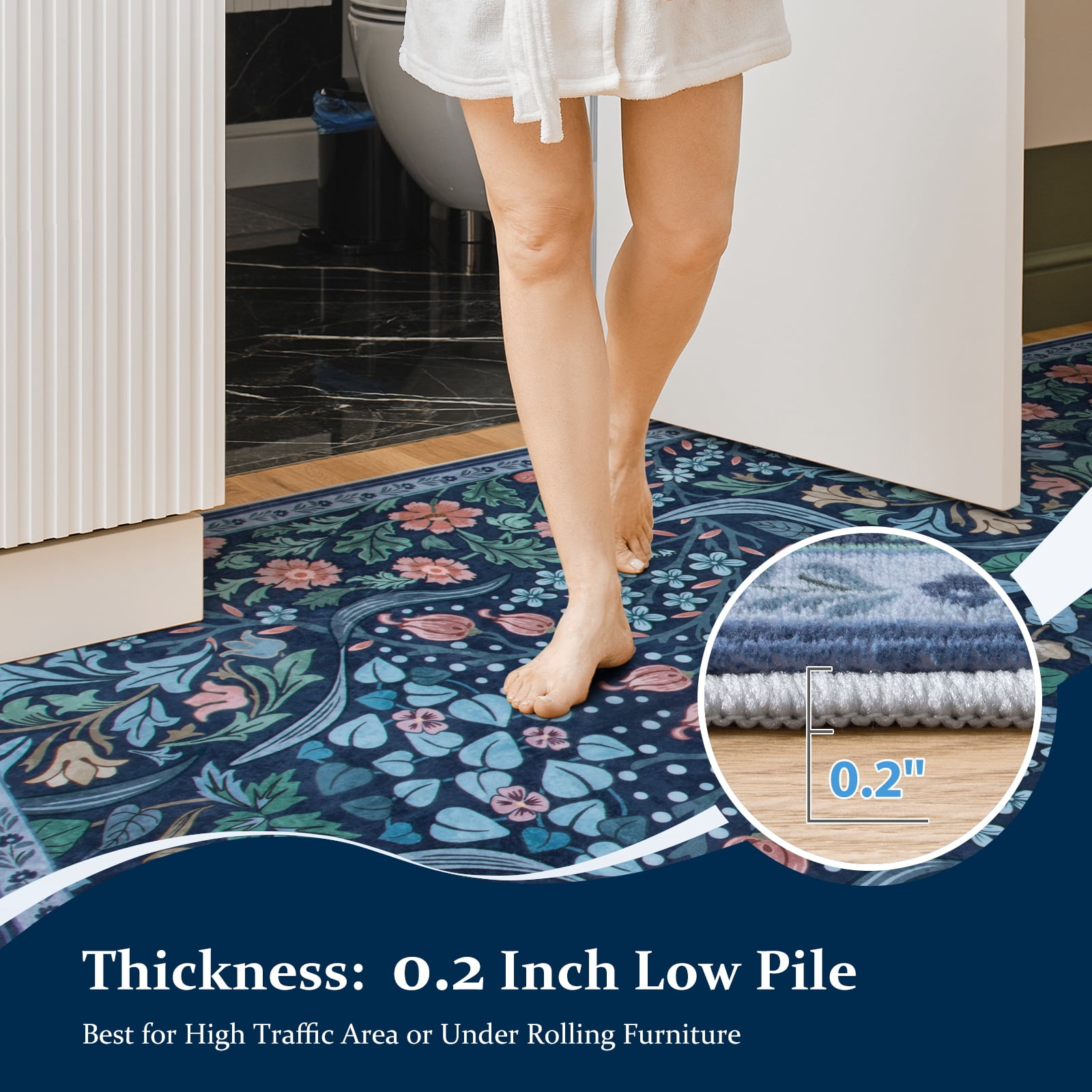 Lahome Washable 8'x10' Area Rug, Blue Floral Rugs for Living Room, Soft Non-Slip Ultra Thin Boho Carpet for Bedroom Dining Room Nursery, Botanical Large Area Rugs, Blue