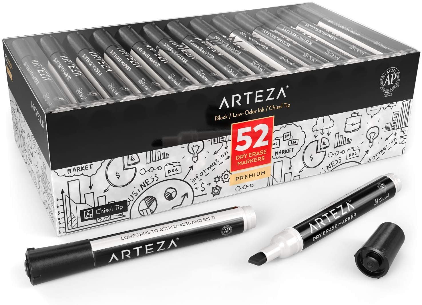 ARTEZA Dry Erase Markers, Bulk Pack of 52 (with Chisel Tip), Black Color with LowOdor Ink