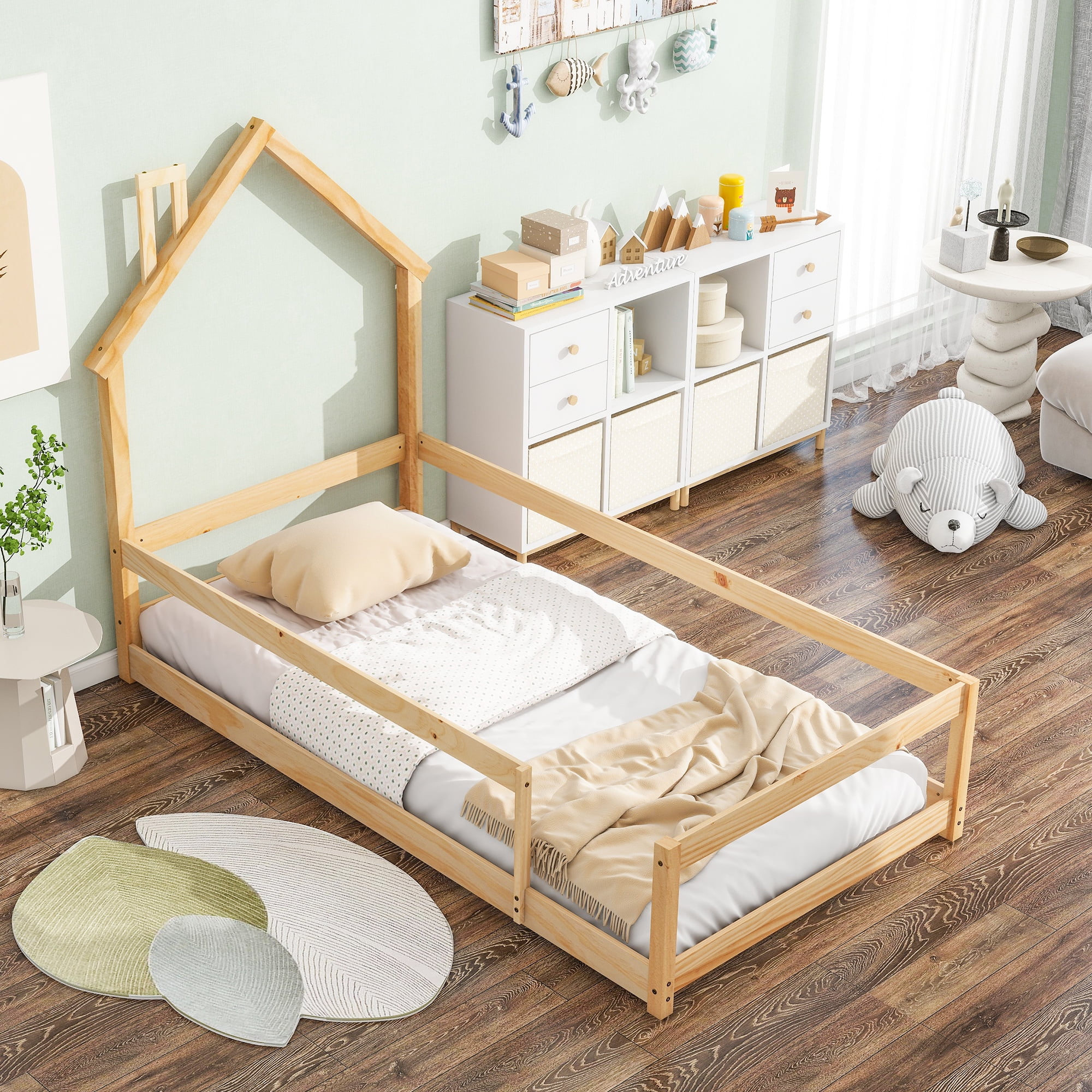 Euroco Wood Twin Size Daybed, House Floor Bed with Fence for Kids Bedroom, Natural