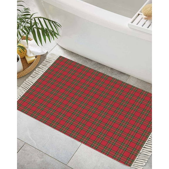 Christmas,Bath Rug 2x3ft Woven Bathroom Entryway Runner Rug,Country Rustic Red Green Buffalo Lattice Washable Living Room Hallway Bedroom Kitchen Carpet with Tassels,Indoor Outdoor Throw Doormat