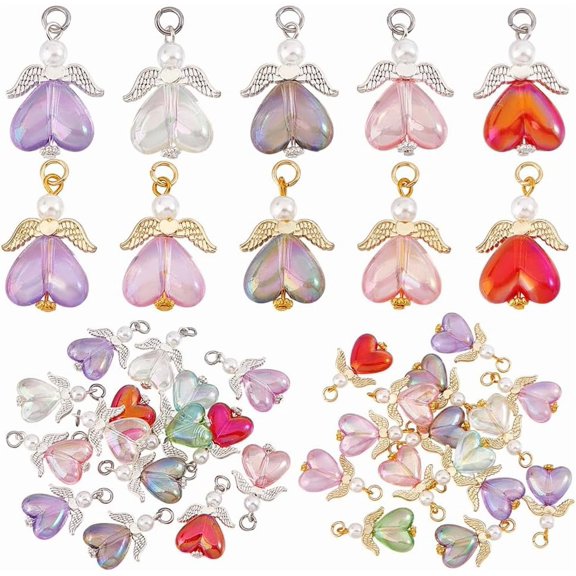 30pcs Colorful Angel Wing Charms 1.3 inch Angel Fairy Pendants Angel Dangle Charm Heart Bead Wings Guardian Angel Pendants for Earrings Necklace Bracelet Keychain Jewelry Golden/Silver