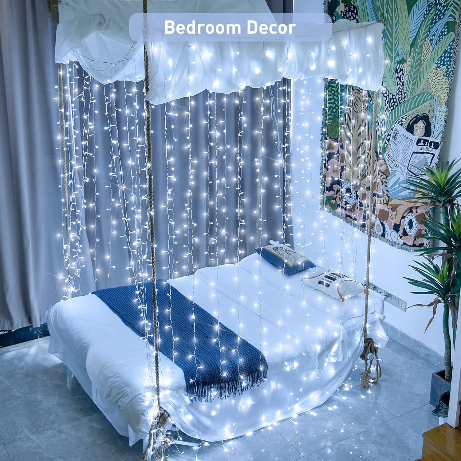 300 LED 9.8x9.8Ft White Curtain Lights with Remote, White Christmas Lights Indoor Plug in, 8 Modes White String Lights for Bedroom Wall Wedding Reception Party Backdrop Window Outdoor Decor