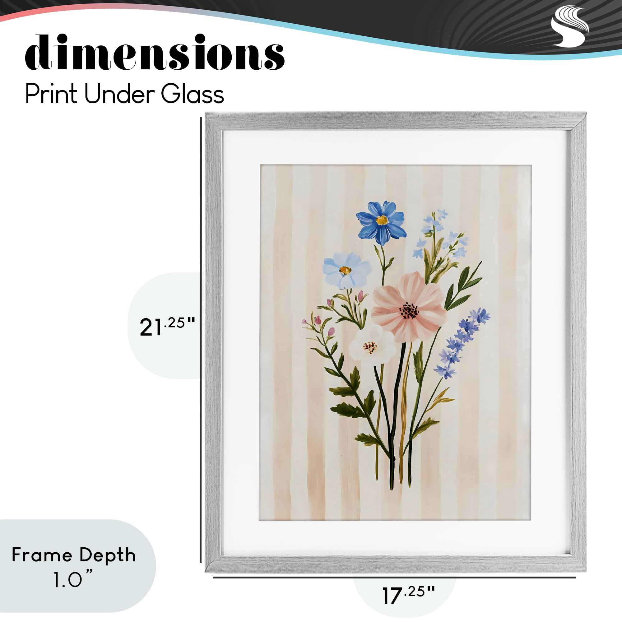 Stupell Industries Cream Stripe Florals Gray Framed Print Under Glass, design by The Prints Vibe