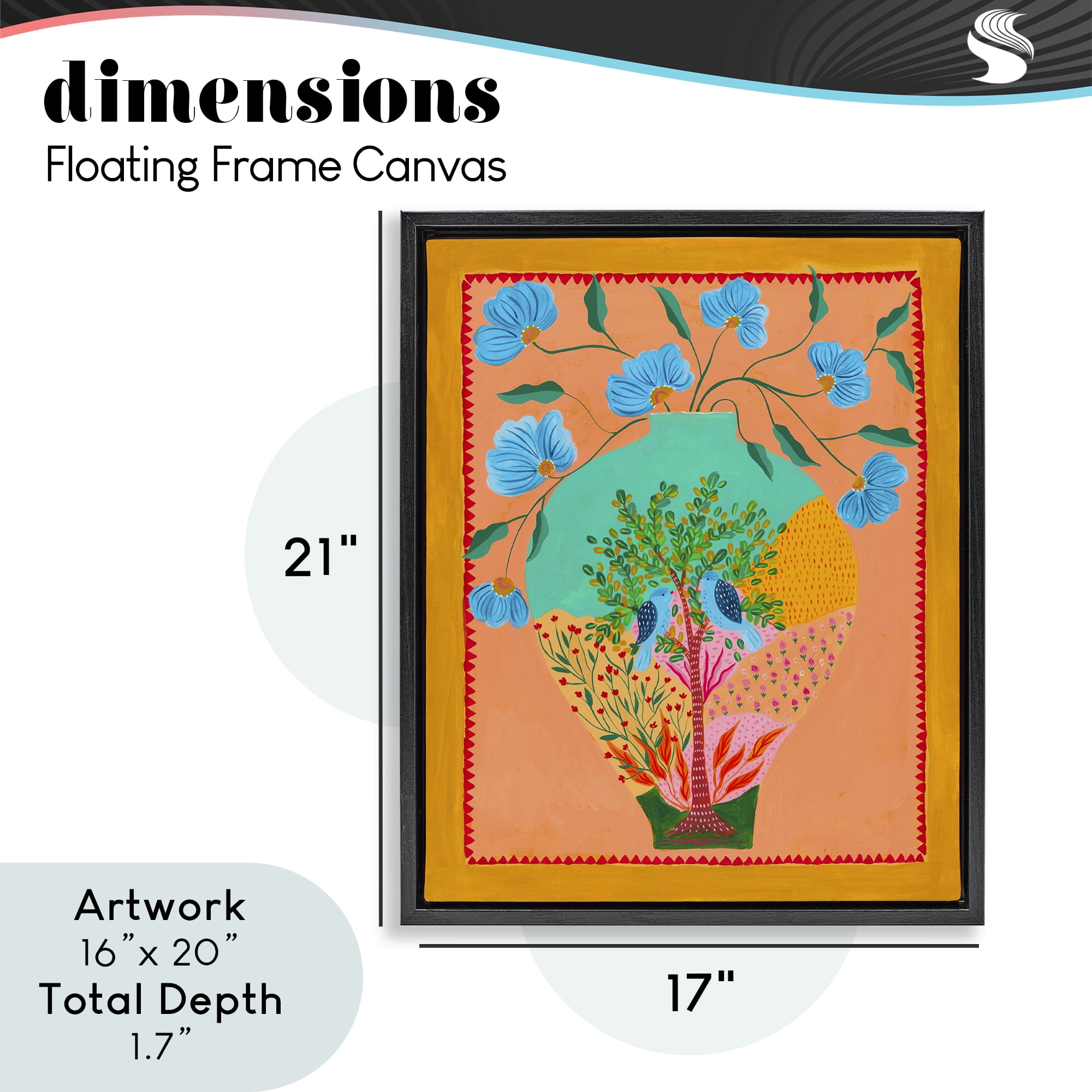 Bluebirds & Boho Flower Vase Black Framed Floater Canvas Wall Art, design by Nabeela Rumi