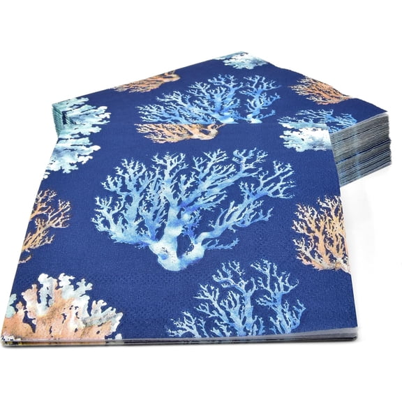 Gift Boutique Cocktail Beverage Napkins, Blue Sea Coral Reef Design, 3-Ply Disposable Paper Party Napkins, 100 Count, 5 x 5 In Folded