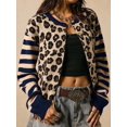 thumbnail image 6 of Womens Leopard Print Striped Patchwork Button Front Cropped Knit Cardigan Navy Blue M, 6 of 9