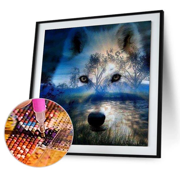 Cuadros Decorativos Kit de pintura de diamante 5D, sombra de lobo de árbol, taladro redondo completo, mosaico de diamantes de imitación DIY Tmvgtek embutido en tela