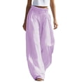 thumbnail image 2 of ClodeEU Women's High Waist Linen Blend Striped Wide Leg Pants, Flowly Beach Trousers with Pockets Purple,Women's Plus L, 2 of 5