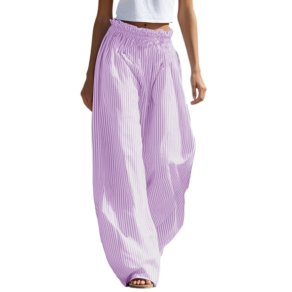 LEAVINGSUO Plus Size Linen Wide Leg Pants for Women Ladies' Fashionable Casual Striped Elastic Waist Pants With Pockets Purple L