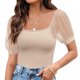 thumbnail image 1 of Top con cuello cuadrado para mujer, camiseta con manga de malla transparente y lunares, mono acanalado, camisas cortas, albaricoque M, 1 of 6