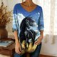 thumbnail image 2 of 3/4 Manga Casual Tops para las Mujeres V-Cuello Suéter Suelto-Ajuste Impreso Top Moda Casual para la Primavera Y el Verano, 2 of 5