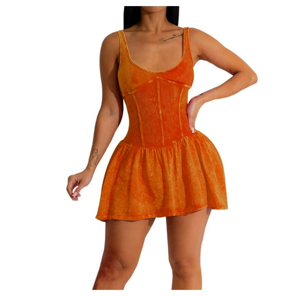 Women's Sexy Summer Mini Dress Fashion Spaghetti Strap Ruched Waist Patchwork Ruffled Skirt Casual Clubwear Comfortable Stylish