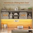 thumbnail image 4 of SEDETA L Shaped Desk with Hutch, Farmhouse Computer Desk with Drawers, Sliding Doors, Open Shelves, Corner Home Office Desk with Power Outlets & LED Lights, Wood Writing Desk, Grey, 4 of 8