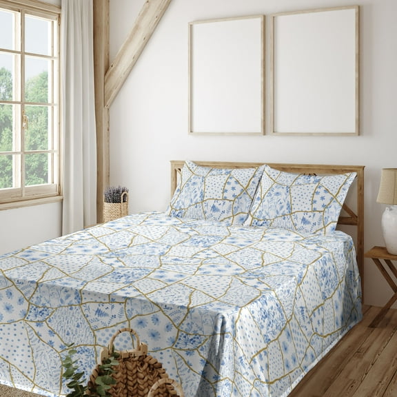 Ambesonne Nature Fitted & Flat Sheet with Shams 4 Pcs Set, Patchwork Style Flowers Art, King, Pale Camel and Sky Blue