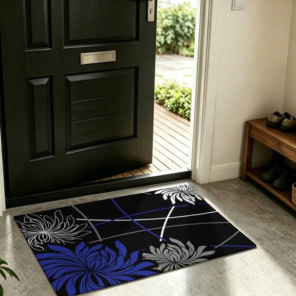 Front Door Mat Indoor Outdoor Medieval Blue Chrysanthemum Non-Slip Doormat Low Profile Patio Porch Entryway Rug 16x24in Abstract Boho Blossom