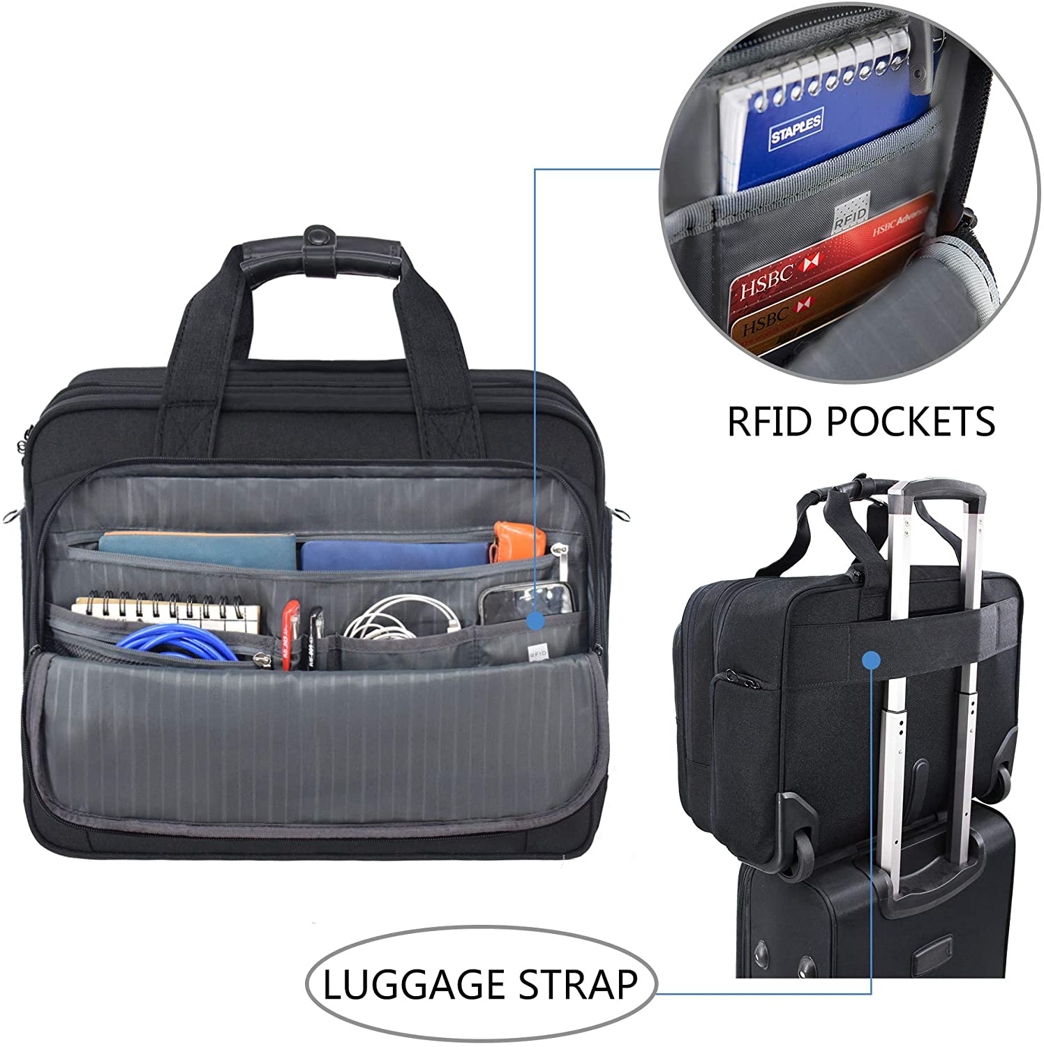 Kroser Rolling Laptop Bag Briefcase for 17.3 inch Laptop Overnight Roller Work Case-Black, Adult Unisex, Size: 18.1 x 14.2 x 8.7