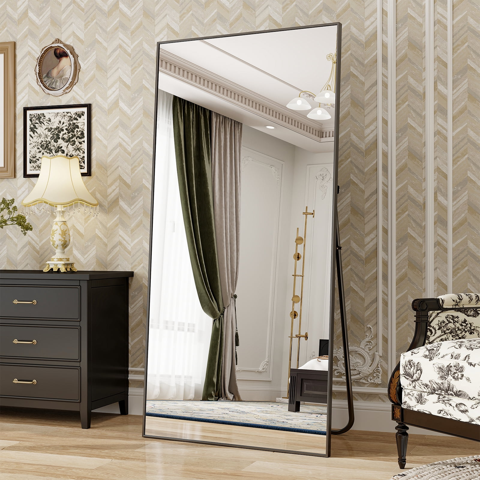 AUROMIR 34"x76" Rectangular Full Length Mirror Full Body Standing Mirror with Metal Frame, Black