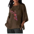 thumbnail image 1 of Xihbxyly Hauts pour Femmes Chemise Décontractée Imitation Coton et Lin Imprimé Manches 3/4 Col Rond T-shirt à Poche Surdimensionné Chemise Décontractée Légère et à la Mode Haut d'Été Offres de Vacances, 1 of 1