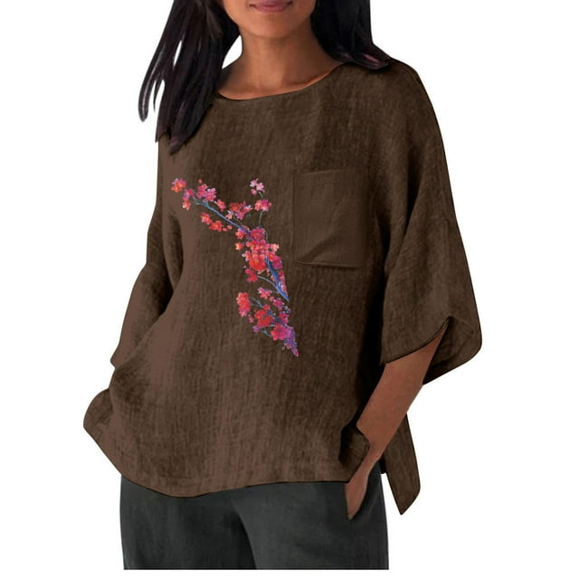 Xihbxyly Hauts pour Femmes Chemise Décontractée Imitation Coton et Lin Imprimé Manches 3/4 Col Rond T-shirt à Poche Surdimensionné Chemise Décontractée Légère et à la Mode Haut d'Été Offres de Vacances